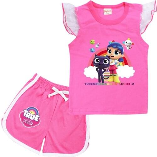 Childrens Clothes Sets Baby Girls Cartoon True The Rainbow Kingdom Print Lace Flying Sleeve Tees + Shorts 2pcs Teen Girl Outfit