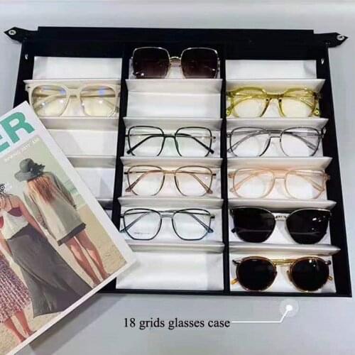 Top Sale Big Size Case Glasses Display With Cover 18 Slots Eyeglass Sunglasses Grids Stand Case Holder Glasses Makeup Organizer