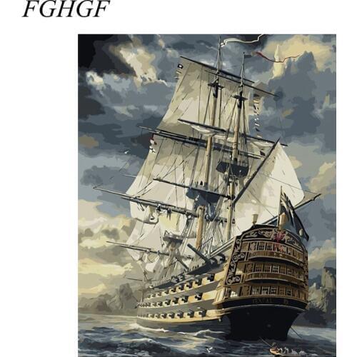 FGHGF Frameless Seaboat Landscape DIY Painting By Numbers Drawing On Canvas Wall Art Picture For Living Room