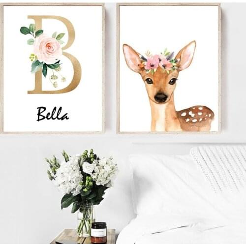 Woodland Animal Print Nursery Canvas Painting Custom Name Wall Art Pink Flowers Poster Nordic Wall Pictures Baby Girl Room Decor
