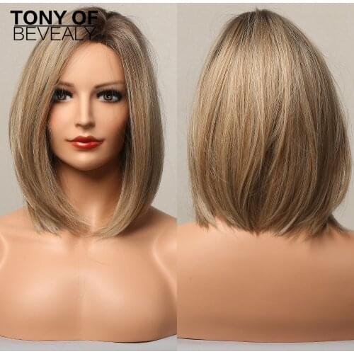 Medium Length Bob Ombre Blonde Synthetic Hair Wigs for Women Hairline Part Lace Wigs Middle Part Heat Resistant Natural Wigs