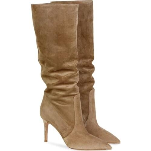 Handmade New Style Ladies High Heel Boots Pleated Leather Pointy Sexy Party Prom Half Boots Large Size 45 46 47 Evening Boots