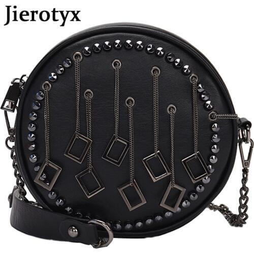 JIEROTYX Black Punk Rivet PU Leather Crossbody Bags Women 2021 Fashion Round Chain Purses Handbags Travel Messenger Bag Clutche