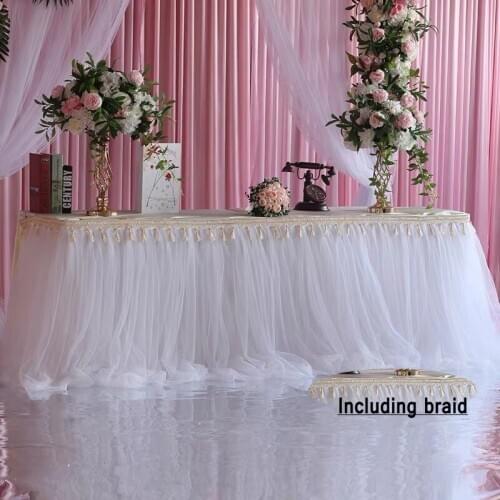 Tulle Table Skirt for Wedding Decor Birthday Baby Shower Party Decoration Tablecloth Two Layer Ice Silk Fabric with Braided Band