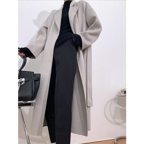 High-end water ripple mid-length lace-up double-sided cashmere coat woolen coat female Korean version 21 new