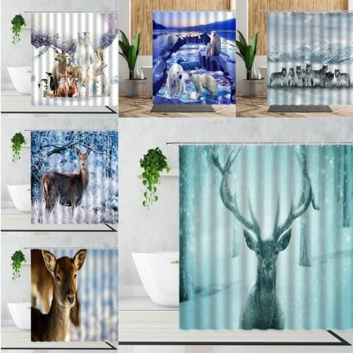 Winter Forest Elk Shower Curtains Snow Deer Wolf White Bear Bathroom Decor Bath Curtain With Hooks Christmas Decoration Screen