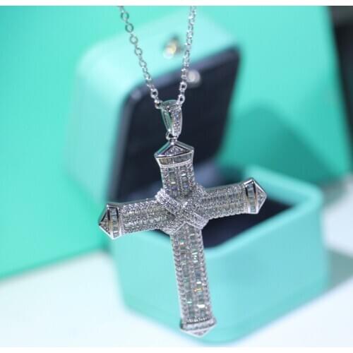 Hot Sell Sparkling Luxury Jewelry 925 Sterling Silver Full White Clear 5A Cubic Zircon Cross Pendat Women Bridal Necklace gIFT