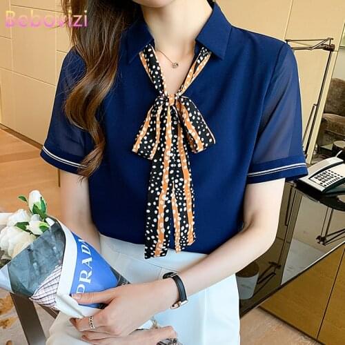 S-XXL 2021 Navy Blue Korean Fashion Chiffon Summer Button Up Casual Puff Sleeve Shirts Tops for Women Office Lady Work Clothes