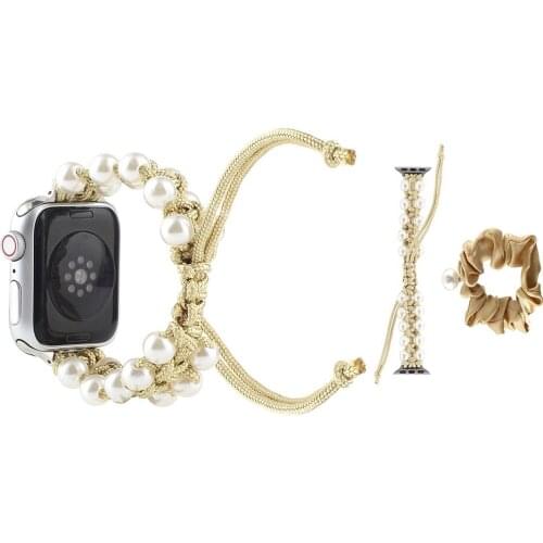 Woman Bracelet For Apple Watch Pearl Umbrella Cord Nylon Strap Bead Umbrella Rope Hair Tie Set Iwatch1-6SE 38MM 40MM 42MM 44MM