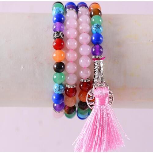 Women Long Bracelet Natural Mala Gem Stone Round Bead Tassel 7 Chakra Pink Crystal Reiki Boho Necklace 27" H074
