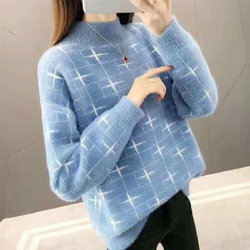 Blue Sweaters Women Mohair knitted Pullover Autumn Winter O neck Jumper Mink Wool Pullovers Warm Loose Soft Female Clothes Z594