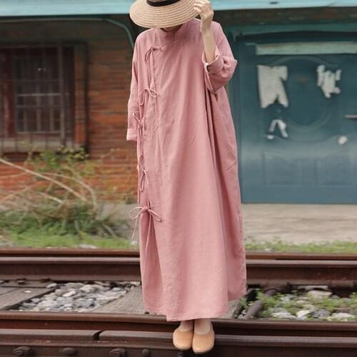Johnature Women Linen Belt Dresses O-Neck Long Sleeve Robes Loose Plus Size 2021 Spring New Vintage Chinese Style Dresses