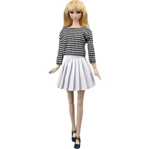 11.5" BJD Doll Accessories Houndstooth Plaid Shirt Top White Pleated Skirt Outfits for Barbie Clothes Kid Toy Best Birthday Gift