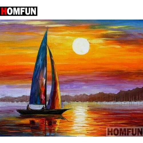 HOMFUN Full Square/Round Drill 5D DIY Diamond Painting "Ship sunset" Embroidery Cross Stitch 5D Home Decor Gift A15880