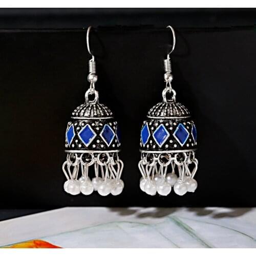 Antique Gypsy Women Jewelry Boho Ethnic Pearl Tassel Indian Jhumka Earrings Blue Retro Sliver Color Drop Dangle Earring Bijoux