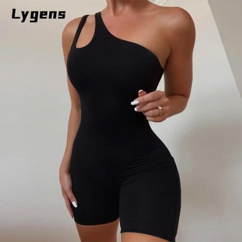 Lygens 2021 Summer Women Solid Hollow Out One Shoulder Playsuit Bodycon Sexy Skinny Sexy Streetwear Fitness Yoga Clothes