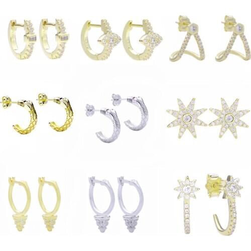 Moonmory Gold Plated 925 Sterling Silver Hook Snake Eye Huggies Stud Earring For Women Square Zircon Hoop Earrings Fine Jewelry