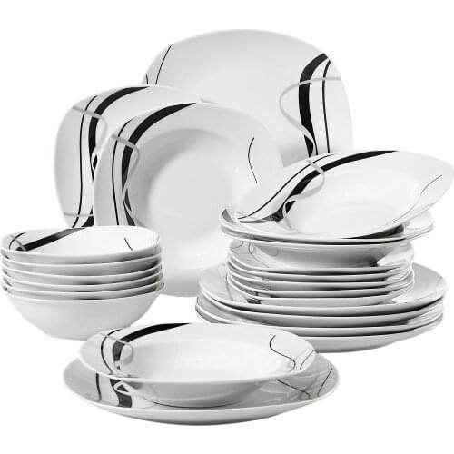 24-Piece Ceramic Black Plate Combi-Set Porcelain Tableware Set of Bowls/Dessert Plates/Soup Plates/Dinner Plates