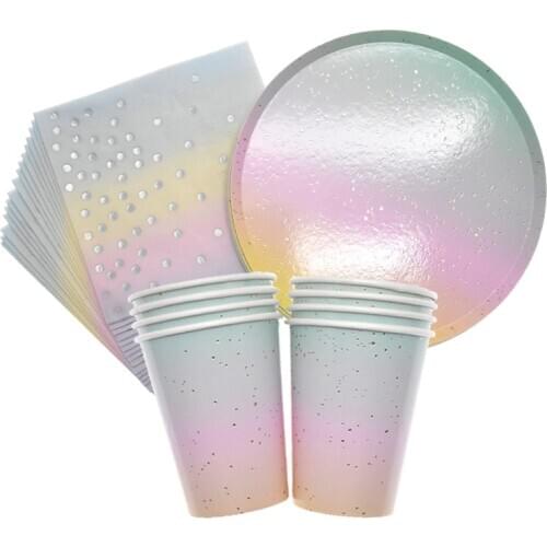 Rainbow gradient gold foil disposable tableware set birthday party supplies wedding decorations girls favorite dream party