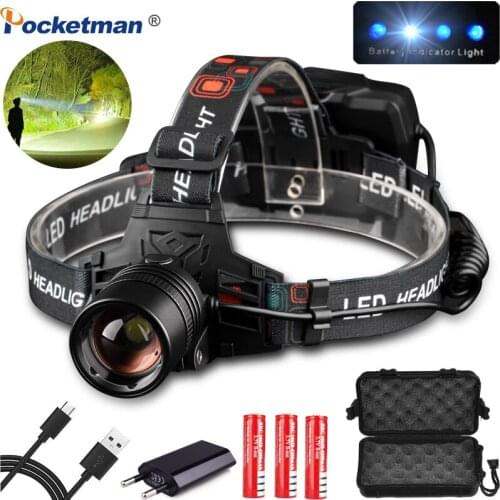 15000Lm Headlamp USB Rechargeable XHP50 Headlight high powerful xhp70 head lamp torch ZOOM Head light Use 3*18650 batteries