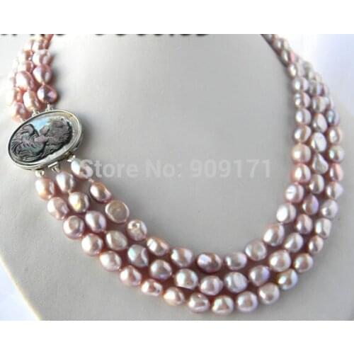 Free Shipping 3Strands 18'' 9mm Lavender Baroque Freshwater Pearl Necklace