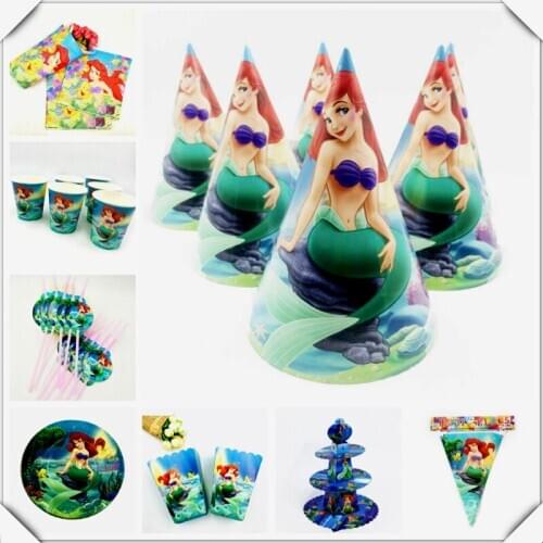 Mermaid Party Supplies Decoration Favors Tablecloth Cup Plate Straw Napkin Gift Bag Candles Candy Popcorn Box Kids Birthday