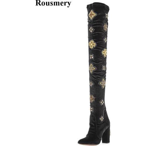 2017 New Fashion Women Blue Embroidery Over Knee Thick Heel Boots Round Toe Printed Long High Heel Boots High Quality Boots