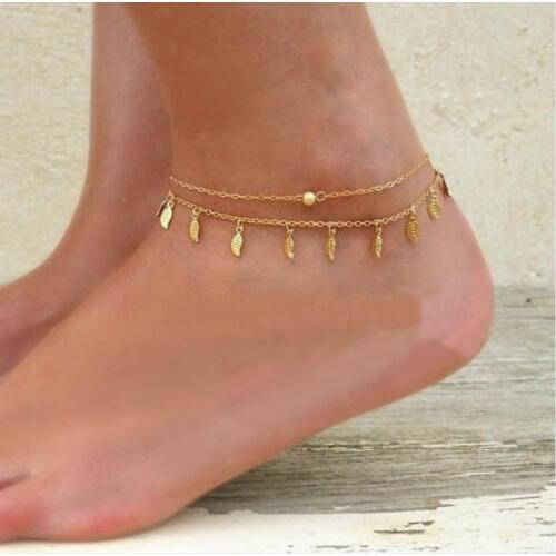Fashion Jewelry Fringe Leaf Double-layer Ankle Chain Simple Anklet Elegant Beach Summer Womens Bohemian Anklet