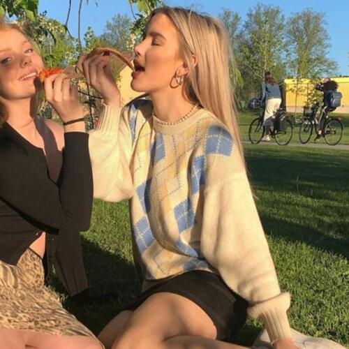 Women Fashion Pullover Sweater Sweet O-neck Long Sleeve Argyle Loose Tops Female Casual All-match Warm Jumper Knitwear Autumn