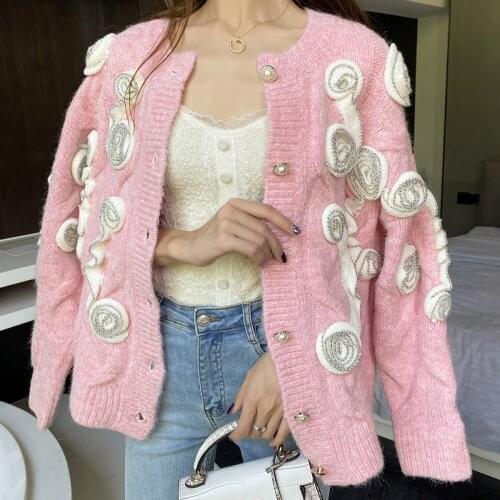 Sweet Pink Oversized Cardigan Sweater Women 2021 Autumn Winter Mohair Cardigan Loose O-Neck Single Breasted 3D Floral Cardigan