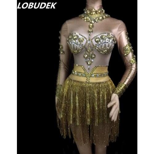 Gold Tassel Rhinestones Short Dress Birthday Celebration Long Sleeve Mini Dress Women Nightclub Costume Dancer Singer Stage Wear