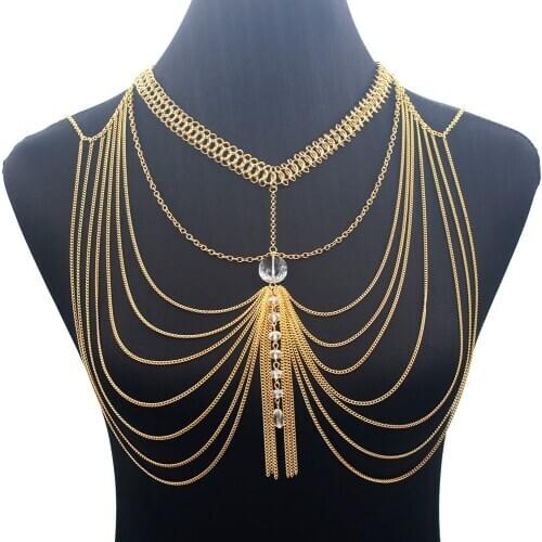 Gold Color Halter Lingerie Sexy Show Girl Shoulder Necklace Exotic Bra Chain Harness Slave Full Body Chain Jewelry BY090