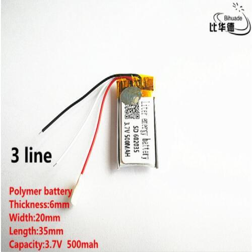 5pcs/lot 3 line Good Qulity 3.7V,500mAH,602035 Polymer lithium ion / Li-ion battery for TOY,POWER BANK,GPS,mp3,mp4