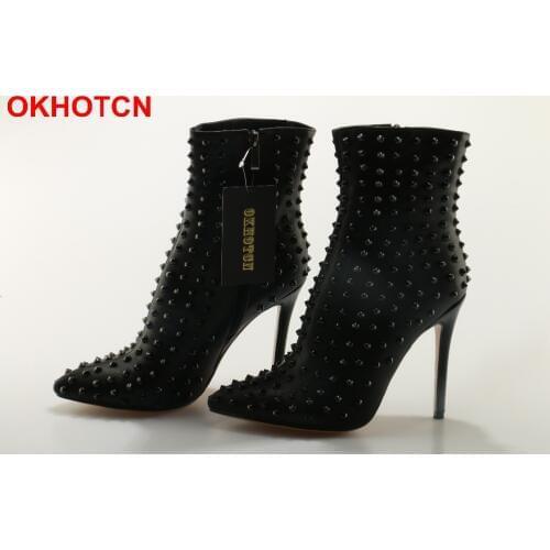 OKHOTCN Brand Designers 2019 New Spring Autumn Women Shoes Black High Heels Boots Studded Rivets Ankle Boots Thin Heel Size 42