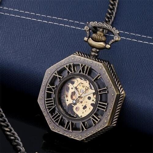DHL Shipping Hollowed Roman Dial Bronze Skeleton Mechanical Pocket Watch with Chain Men Women Pocket Watches Wholesale