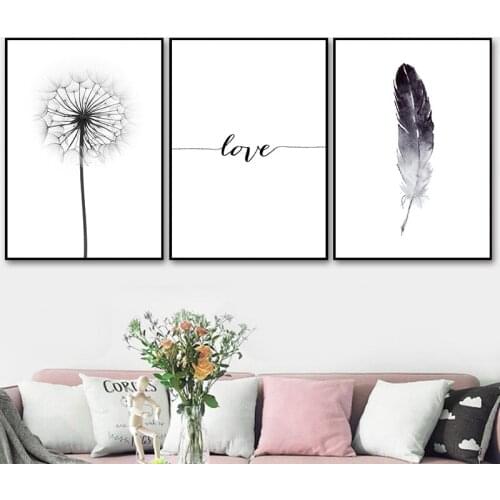 Black and White Dandelion Feather Wall Art Canvas Poster Print Love Quotes Canvas Painting Decorative Picture Home Decor TB113
