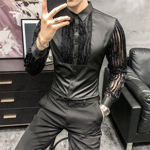 Black Lace Spliced Shirts Men Clothing Korean Sexy 2021 Perspective Long Sleeve Simple Fashion Night Club/Prom Tuxedo Camisa