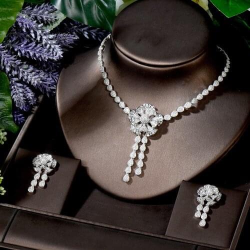 HIBRIDE New Arrivial 2pcs Necklace and Earring Set Flower Shape Cubic Zirconia Women Bridal Party Accessories Bijoux N-1726