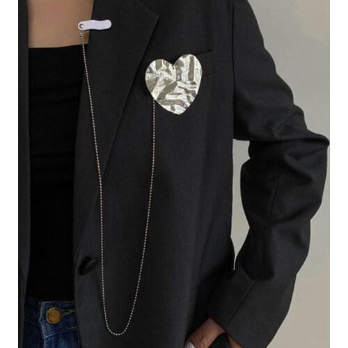 HUANZHI 2021 New Irregular Heart Letter Geometry Square Metal Long Tassel Hip Hop Punk Brooch for Women Accessories Jewelry