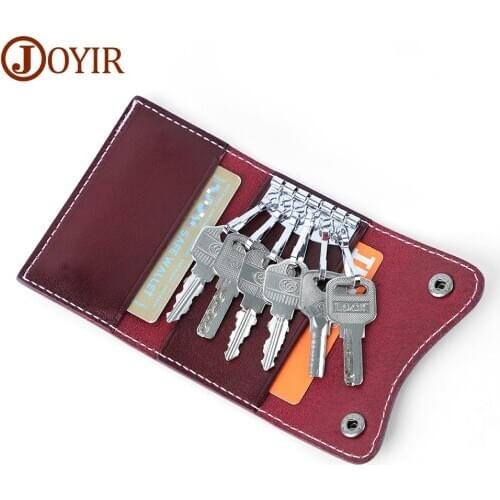 JOYIR Vintage Genuine Leather Key Holder Men Women Keys Pouch Card Holder Housekeeper Keys 6 Rings Cover Leather Key Case