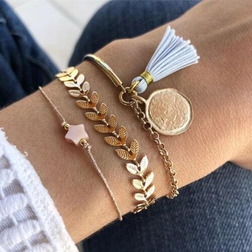 3 Pcs/Set Women Bracelets Set Fashion Wheat Ear Star Gold Color Chain Tassel Disc Bracelet Beach Party Charm Lady Jewelry