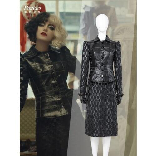 2021 Movie Cruella Cosplay Costume Leather Coat Skirt Black Slim Plaid Jacket Woman old fashion dress Elegant Dress