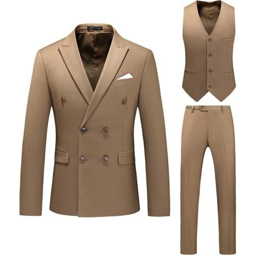 Jackets+Vest+Pants) Double Breasted Tuxedo Suit Men Business Work Wedding Formal Sets Solid Blazers Slim Korean Clothing S-6XL