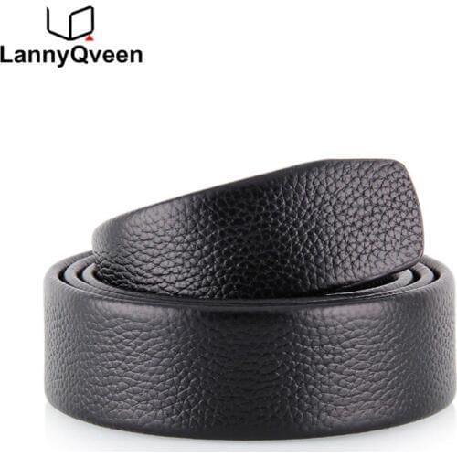LannyQveen full grain leather belt No Buckle belt Black color Genuine Leather Automatic Belts Strap Men ribbon belt