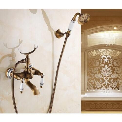 Wall Mounted Bathtub Faucet Antique Brass Tub Sink Faucet Telephone Style Bathroom Bath Shower Set with Handshower ttf308