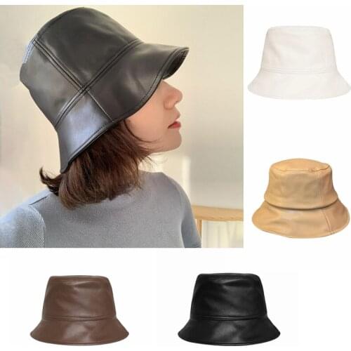 Fashion PU Leather Bucket Hat Autumn Winter Casual Solid Color Wild Panama Cap Women Sun Protection Fisherman Hats