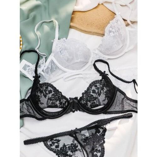 Sexy embroidered lace lingerie panty hollow with steel ring ultra-thin transparent bra set thong set underwear set women