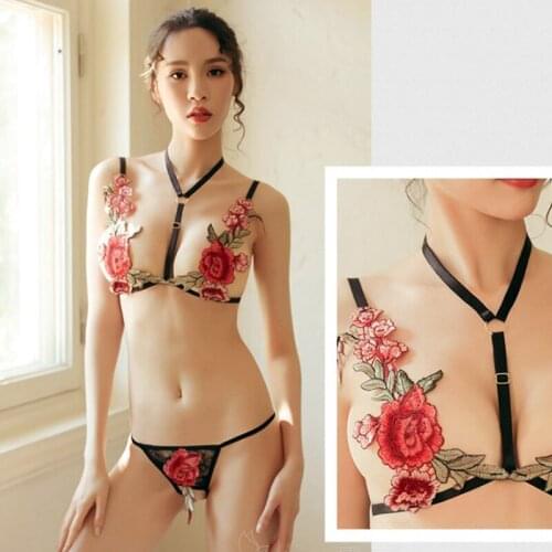 Sexy Ultrathin Lace Bra Panties Set Women Lingerie Lace Embroidery Floral Strappy Unpadded Bra Black Push Up Halter Bra