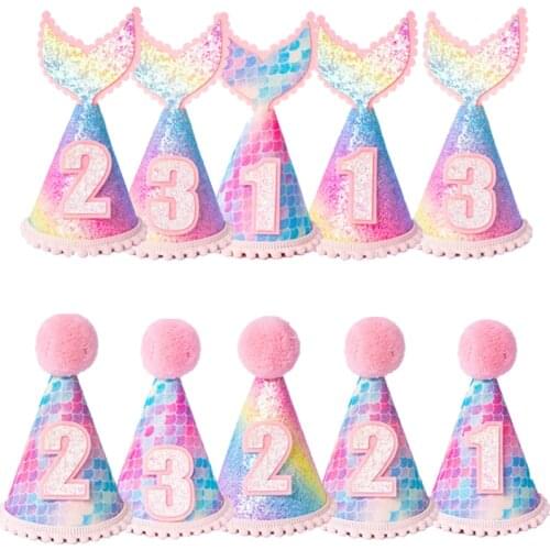 Mermaid Babys Cone Hat Crown for 1/2/3st Birthday Party DIY Crafts Party Supplies Fish Scales Birthday Crown Cap for Baby Girls