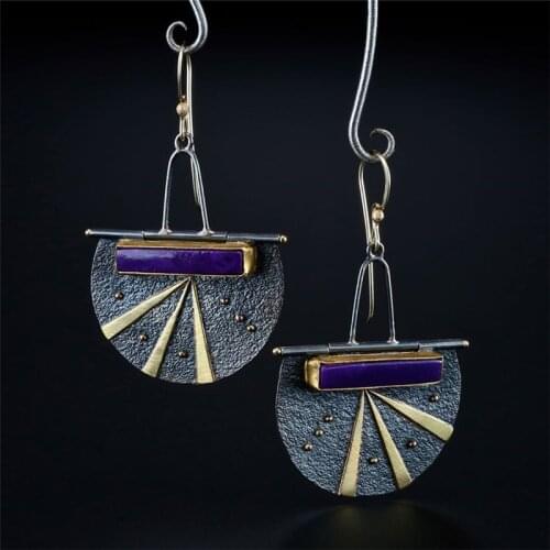 Vintage Purple Stone Dangle Earrings for Women Tribal Brincos Jewelry Baroque Synthetic Lock Metal Earring Oorbellen 2021 New